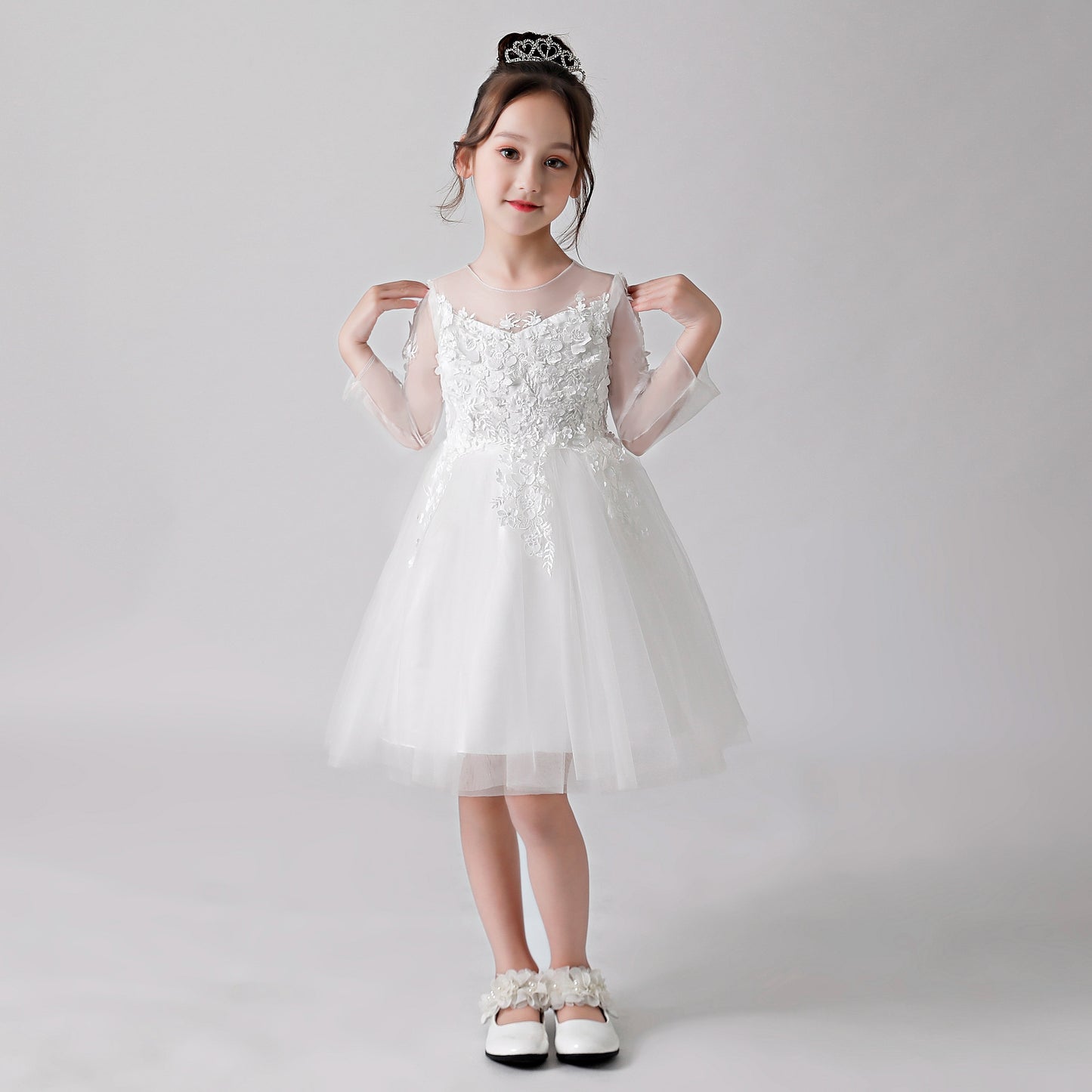 White Printed Sheer Chiffon Flower Girl Puffy Dress 3187