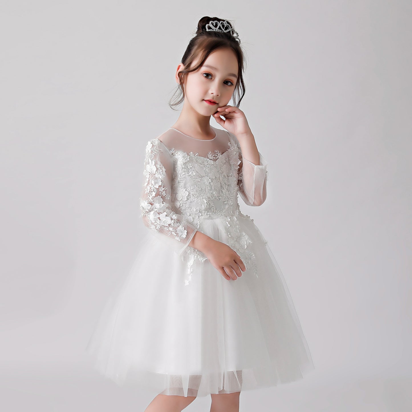 White Printed Sheer Chiffon Flower Girl Puffy Dress 3187