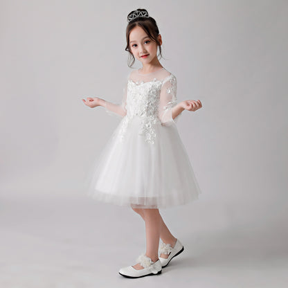 White Printed Sheer Chiffon Flower Girl Puffy Dress 3187