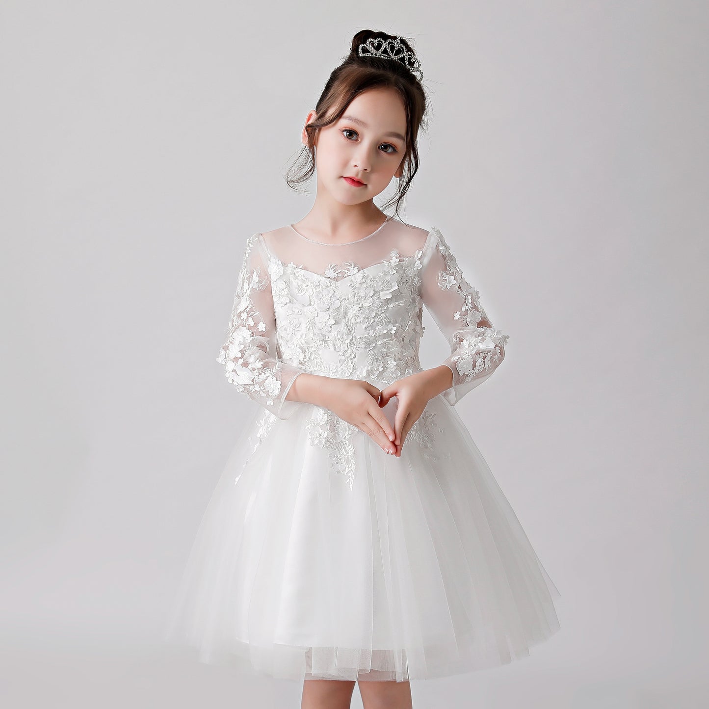 White Printed Sheer Chiffon Flower Girl Puffy Dress 3187