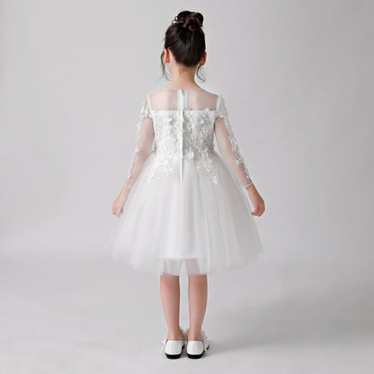 White Printed Sheer Chiffon Flower Girl Puffy Dress 3187