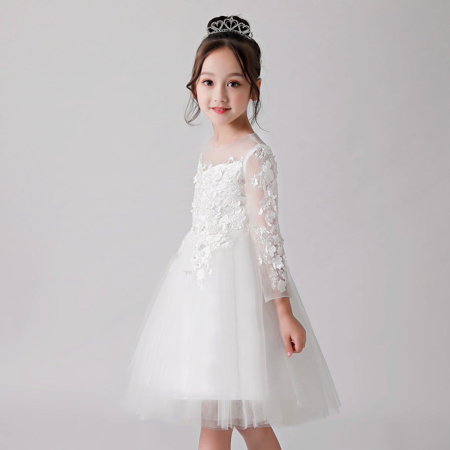 White Printed Sheer Chiffon Flower Girl Puffy Dress 3187