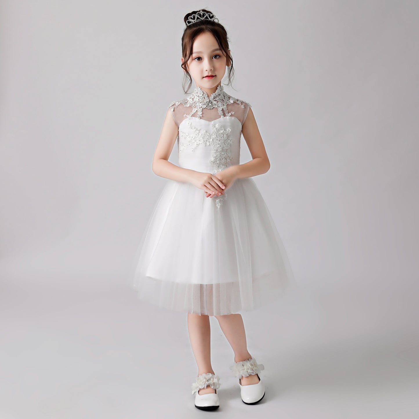 White Embroidered Printed Cheongsam Flower Girl Puffy Dress 3188