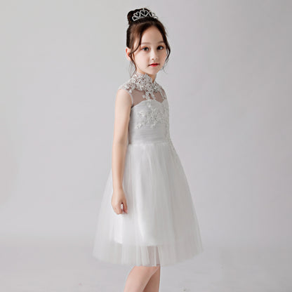 White Embroidered Printed Cheongsam Flower Girl Puffy Dress 3188