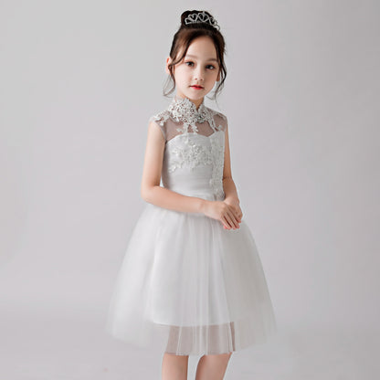 White Embroidered Printed Cheongsam Flower Girl Puffy Dress 3188