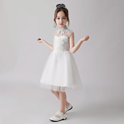 White Embroidered Printed Cheongsam Flower Girl Puffy Dress 3188