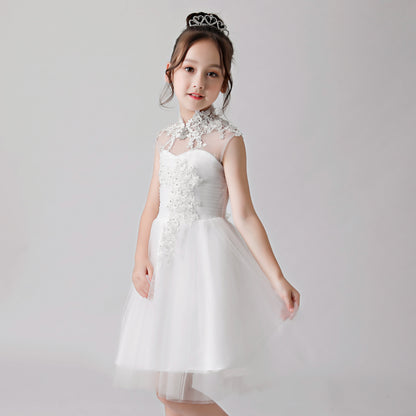 White Embroidered Printed Cheongsam Flower Girl Puffy Dress 3188