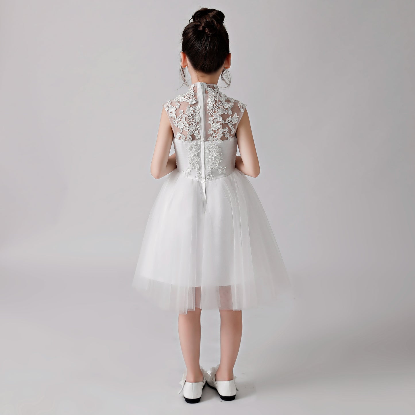 White Embroidered Printed Cheongsam Flower Girl Puffy Dress 3188