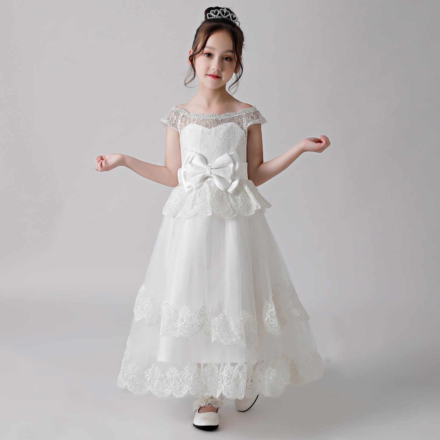 White Printed Bow Flower Girl Ruffle Gown Dress 3189