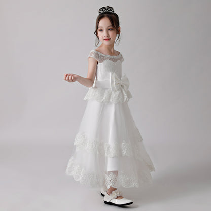 White Printed Bow Flower Girl Ruffle Gown Dress 3189