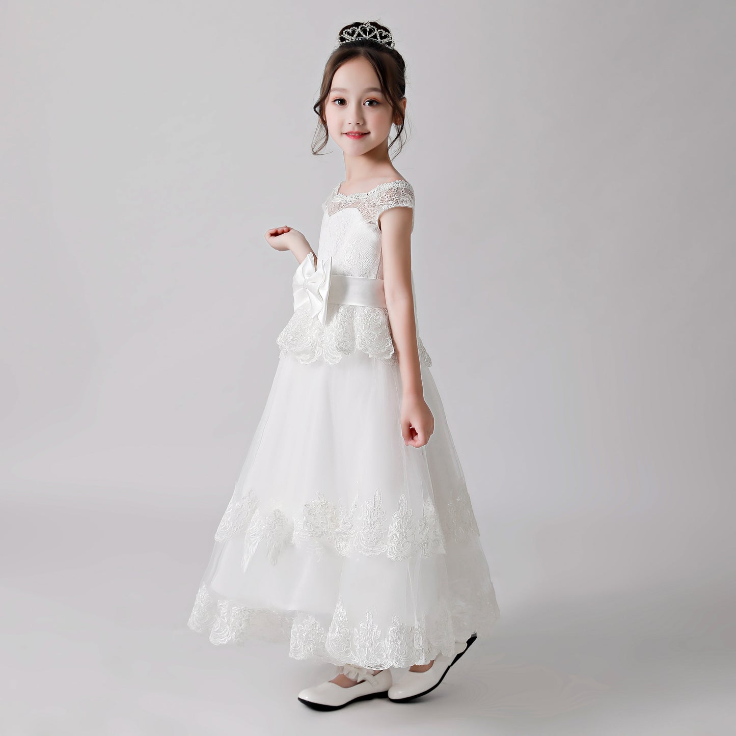 White Printed Bow Flower Girl Ruffle Gown Dress 3189