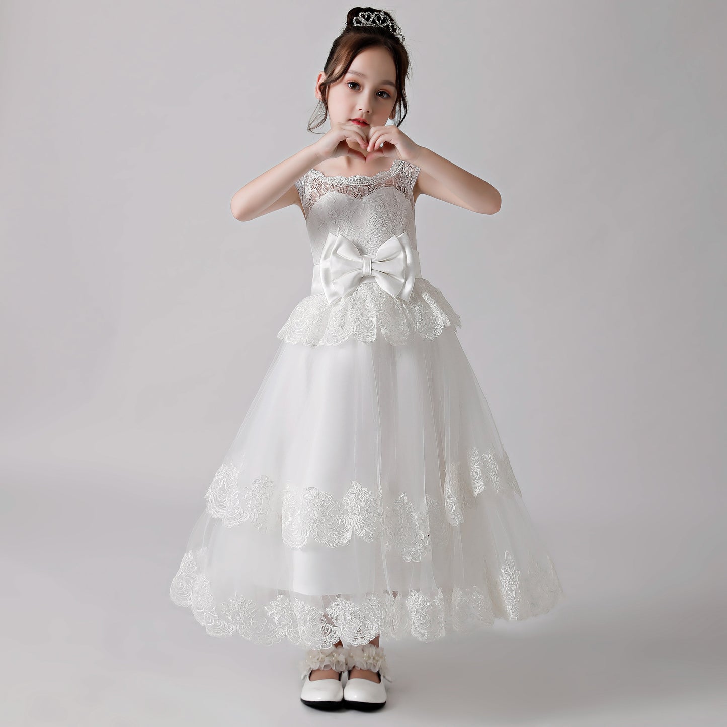 White Printed Bow Flower Girl Ruffle Gown Dress 3189