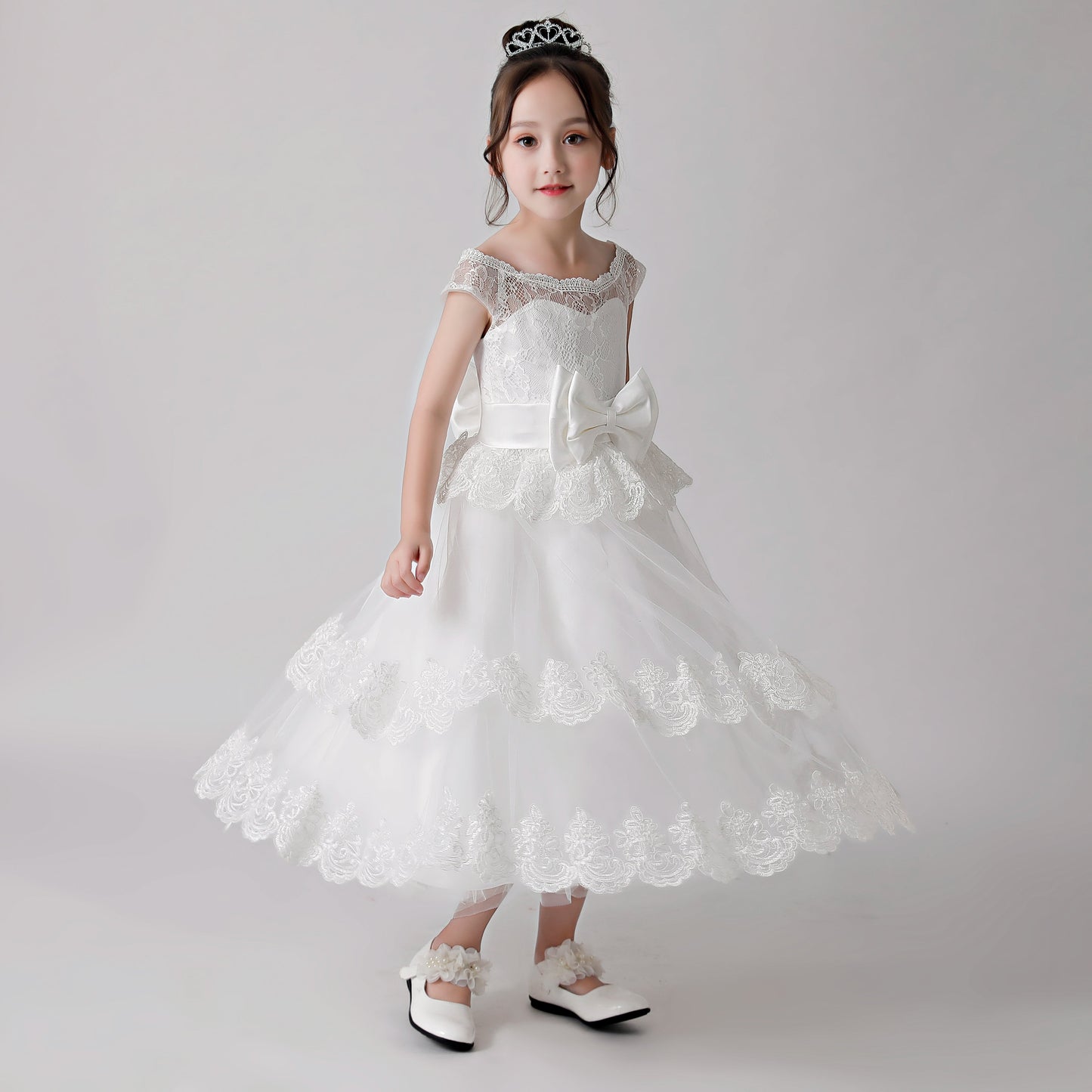 White Printed Bow Flower Girl Ruffle Gown Dress 3189