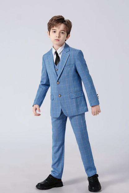 Light Blue Plaid Elegant Formal 5 Piece Boys Suits Yuanlu