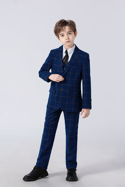 Blue Plaid Elegant 5 Piece Boys Suits Yuanlu