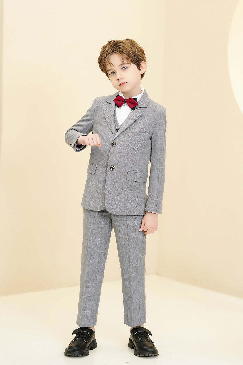 Light Grey Plaid Elegant Formal 5 Piece Boys Suits Yuanlu