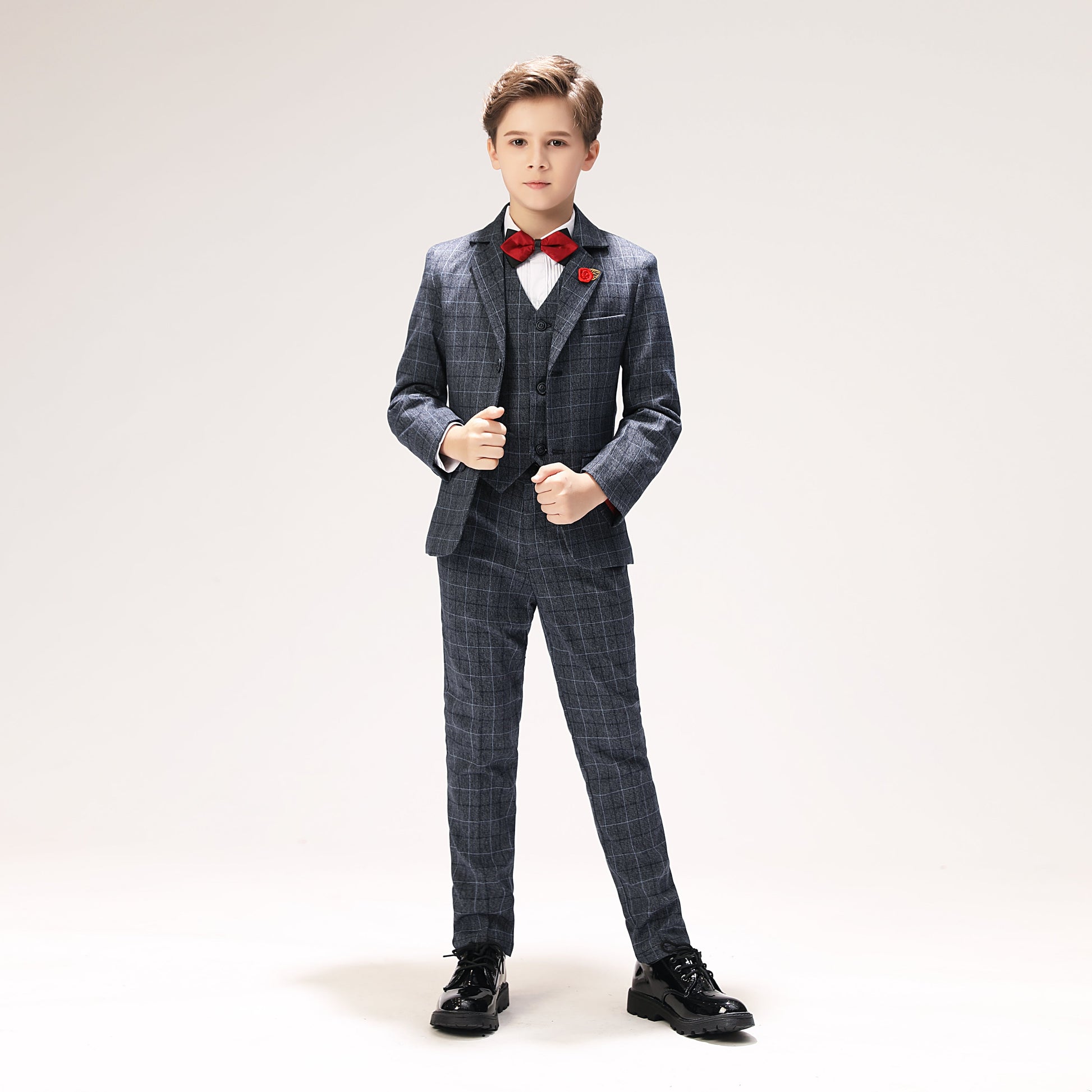 Grey Plaid Elegant 5 Piece Boys Suits Yuanlu