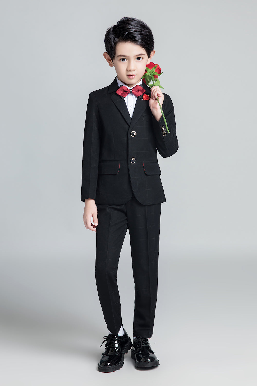 Black Plaid Elegant 5 Piece Boys Suits Yuanlu