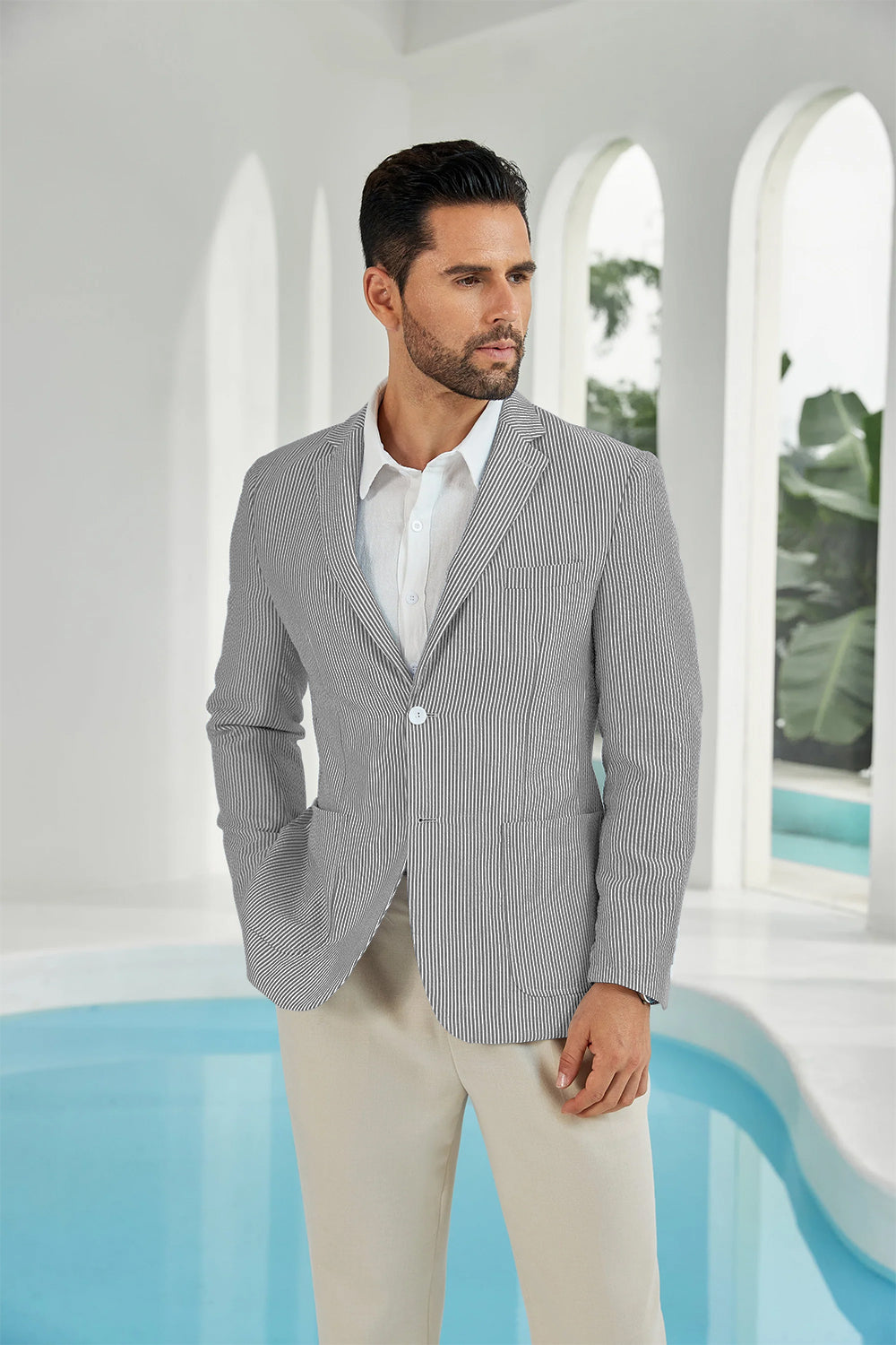 Seersucker Striped Men's Summer Blazer Yuanlu