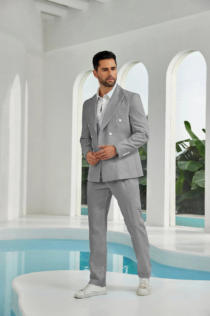 Seersucker Double Breasted Blazer Pants 2 Piece Men's Summer Suit Yuanlu