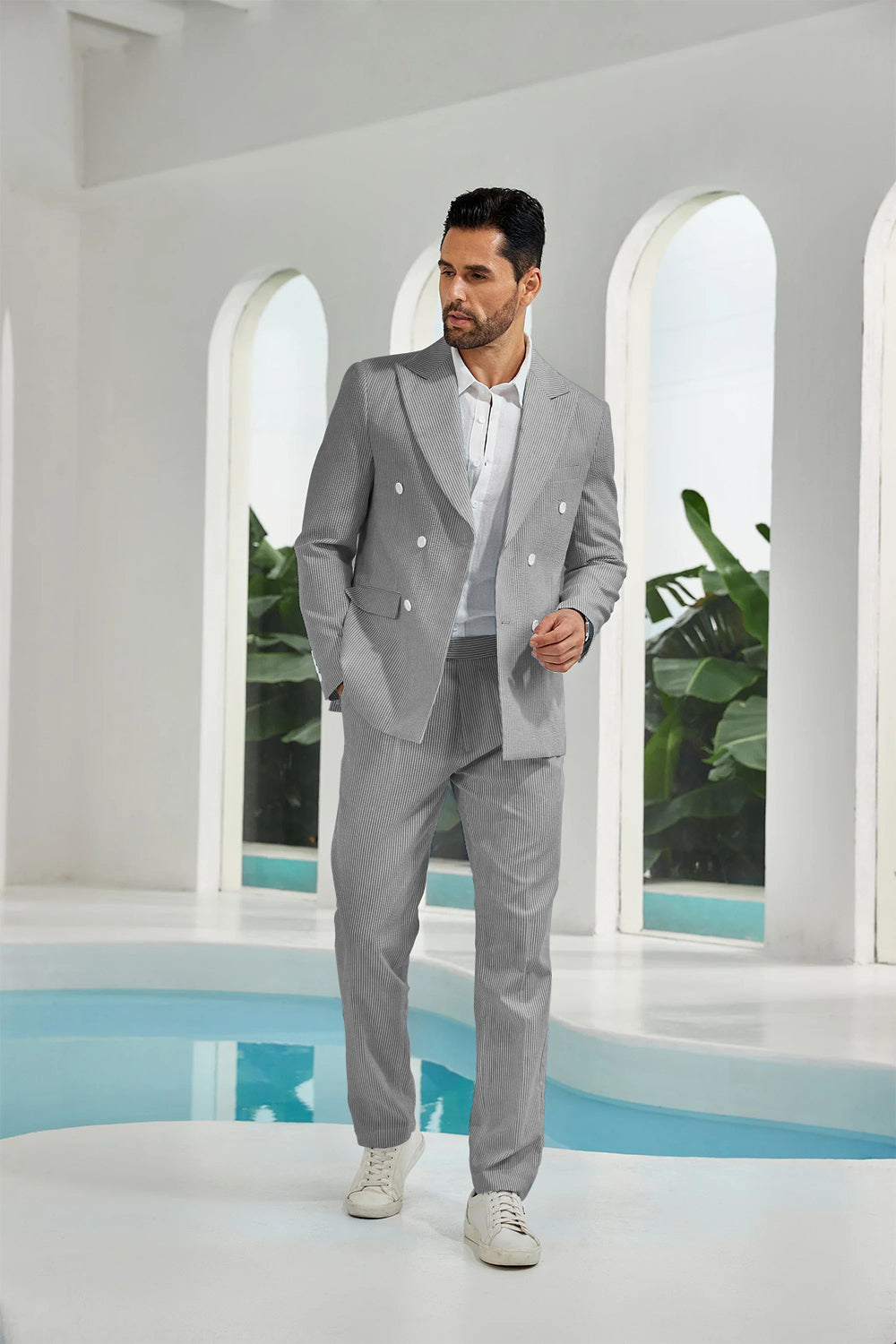 Seersucker Double Breasted Blazer Pants 2 Piece Men's Summer Suit Yuanlu