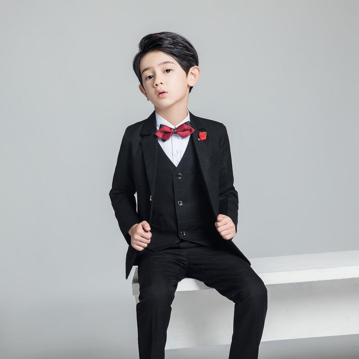 Black Plaid Elegant 5 Piece Boys Suits Yuanlu