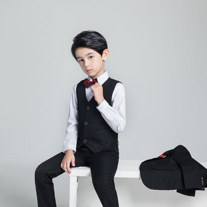 Black Plaid Elegant 5 Piece Boys Suits Yuanlu