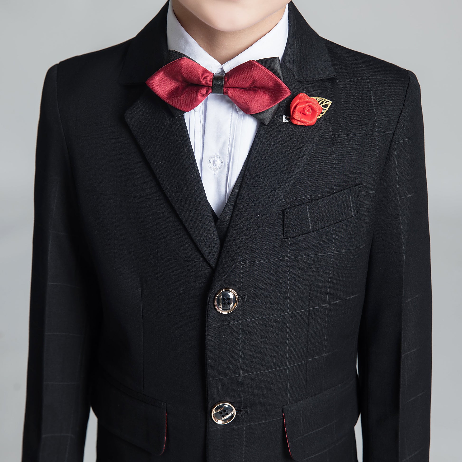 Black Plaid Elegant 5 Piece Boys Suits Yuanlu