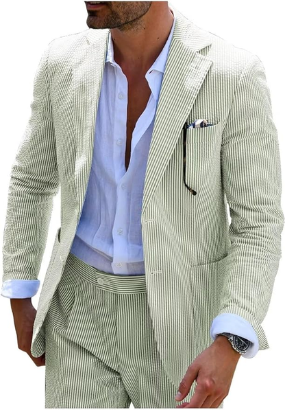 Seersucker Striped Blazer Pants 2 Piece Men's Summer Suit Yuanlu