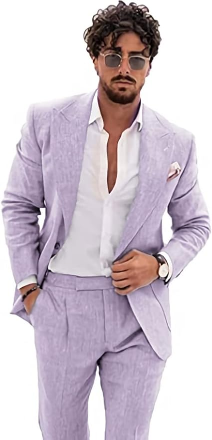 Summer Casual Linen Men's  2 Piece Suit Blazer Pants Set Yuanlu