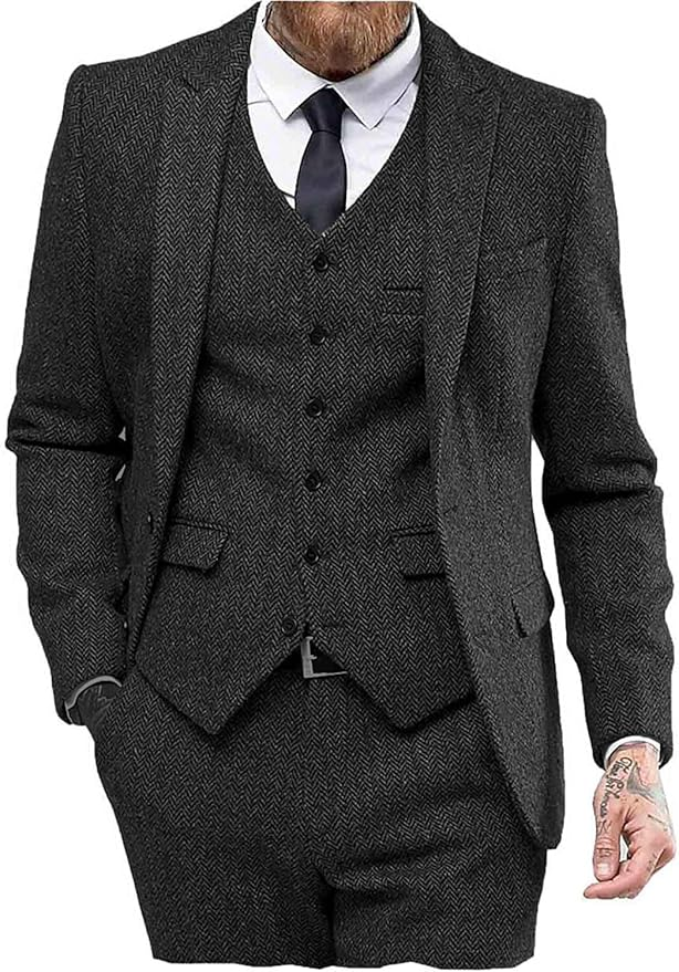 Mens Tweed Herringbone Wedding Suit Prom Tuxedos 3 Piece Peak Lapel Dress Yuanlu