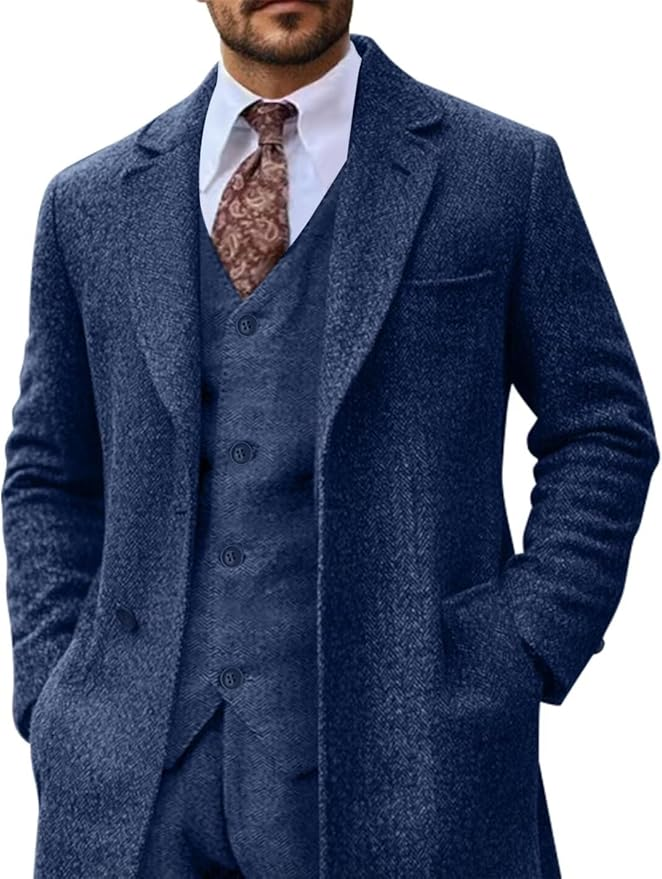 Blazer long à chevrons en tweed rétro 3 pièces pour hommes 3690