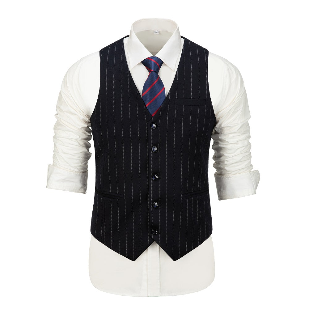 Navy Stripe Men's 3 Piece Set Double Breasted Blazer Vest Pants for Party, Wedding and Business Yuanlu