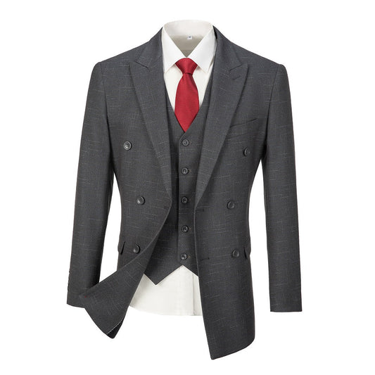 Grey Plaid Men's Double Breasted  Blazer Yuanlu