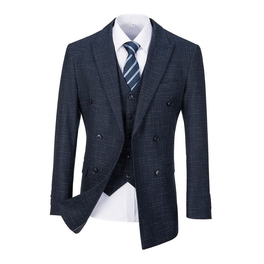 Navy Plaid Men's 3 Piece Slim Fit Suit Set Double Breasted Blazer Vest Pants for Party, Wedding and Business Yuanlu