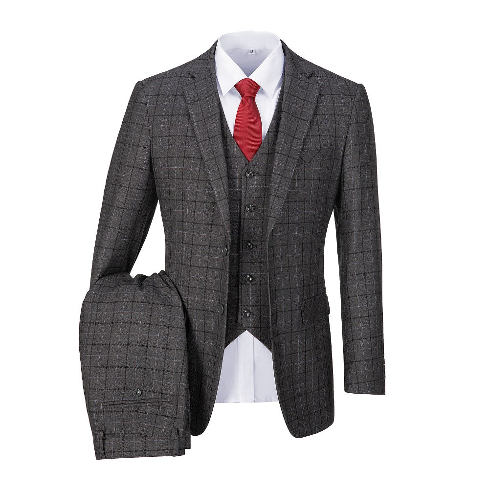 Grey Plaid Men's 3 Piece Set for Party, Wedding and Business Yuanlu