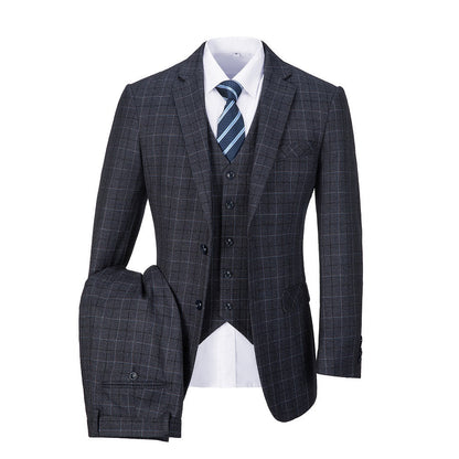 Dark Grey Plaid Men's 3 Piece Set for Party, Wedding and Business Yuanlu