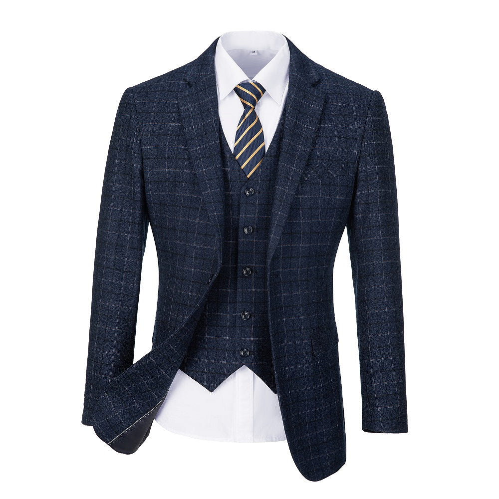 Navy Plaid Men's 3 Piece Set for Party, Wedding and Business Yuanlu