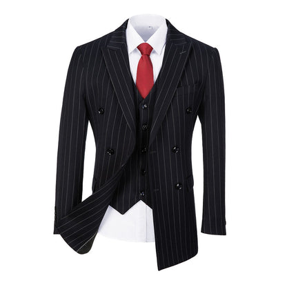 Navy Stripe Men's 3 Piece Set Double Breasted Blazer Vest Pants for Party, Wedding and Business Yuanlu