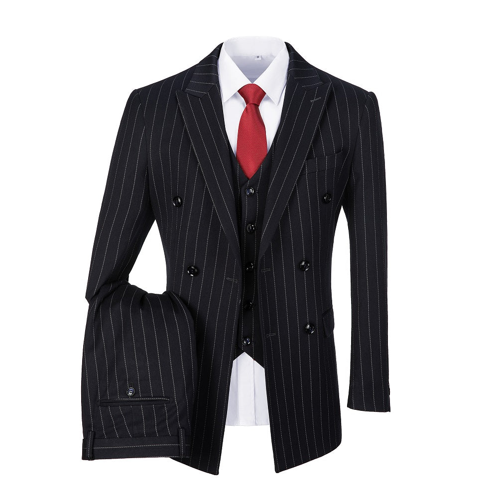 Navy Stripe Men's 3 Piece Set Double Breasted Blazer Vest Pants for Party, Wedding and Business Yuanlu