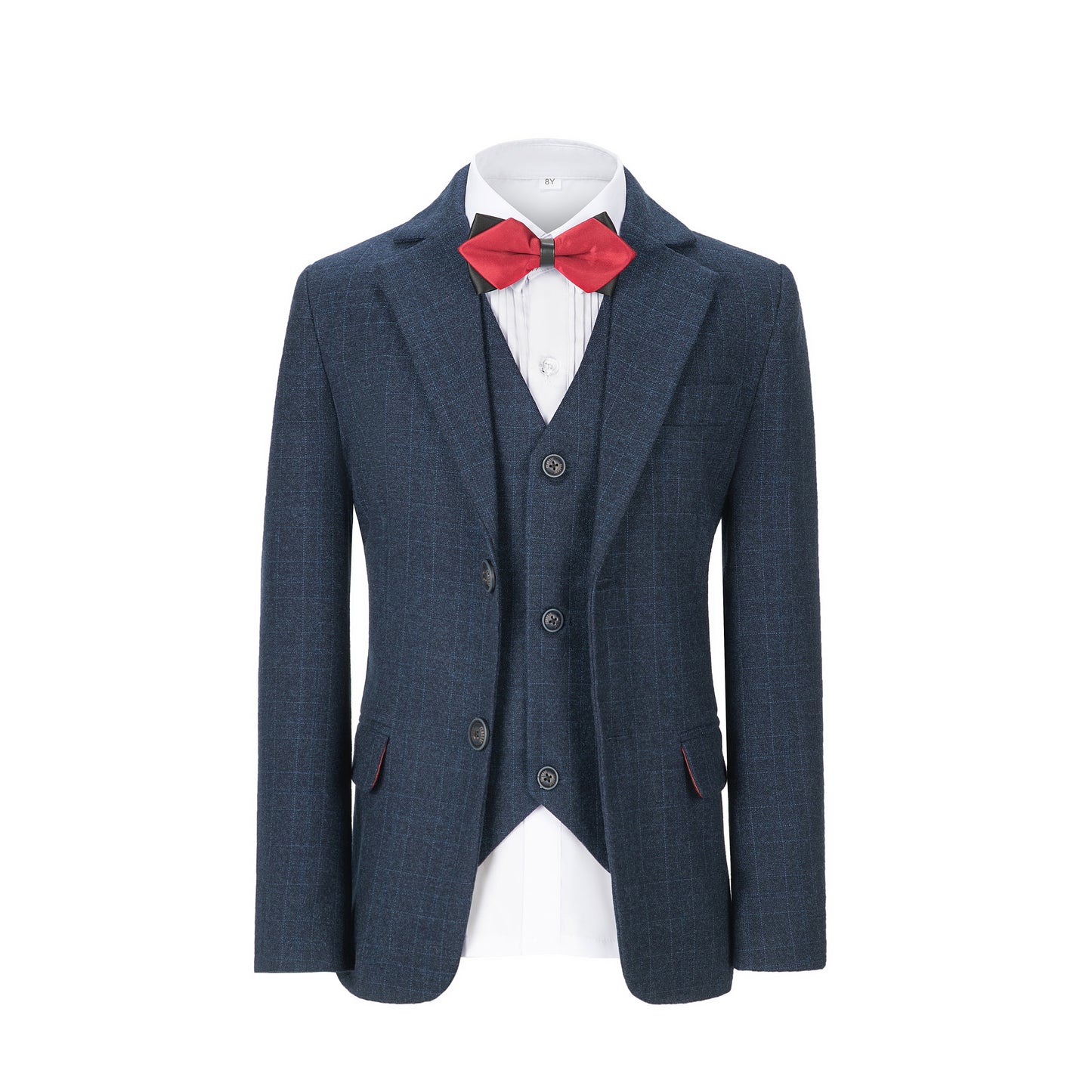 Navy Plaid 3 Piece Boys Suits Blazer Vest and Pants Yuanlu