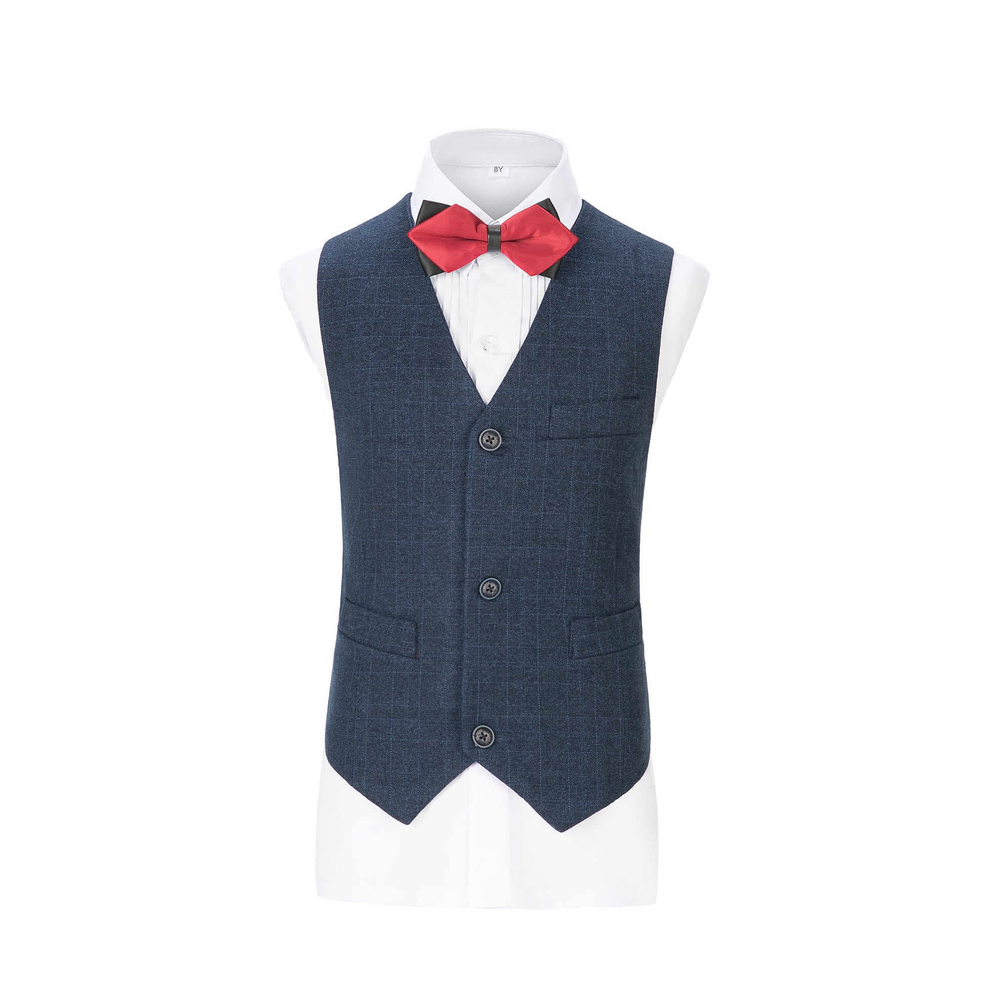 Navy Plaid 3 Piece Boys Suits Blazer Vest and Pants Yuanlu