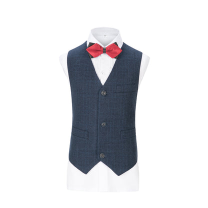 Navy Plaid 3 Piece Boys Suits Blazer Vest and Pants Yuanlu