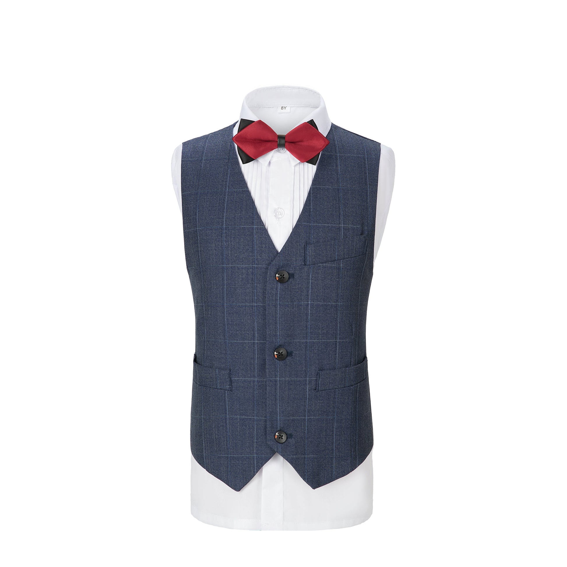 Dark Blue Plaid 3 Piece Boys Suits Blazer Vest and Pants Yuanlu