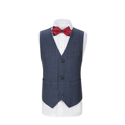 Dark Blue Plaid 3 Piece Boys Suits Blazer Vest and Pants Yuanlu