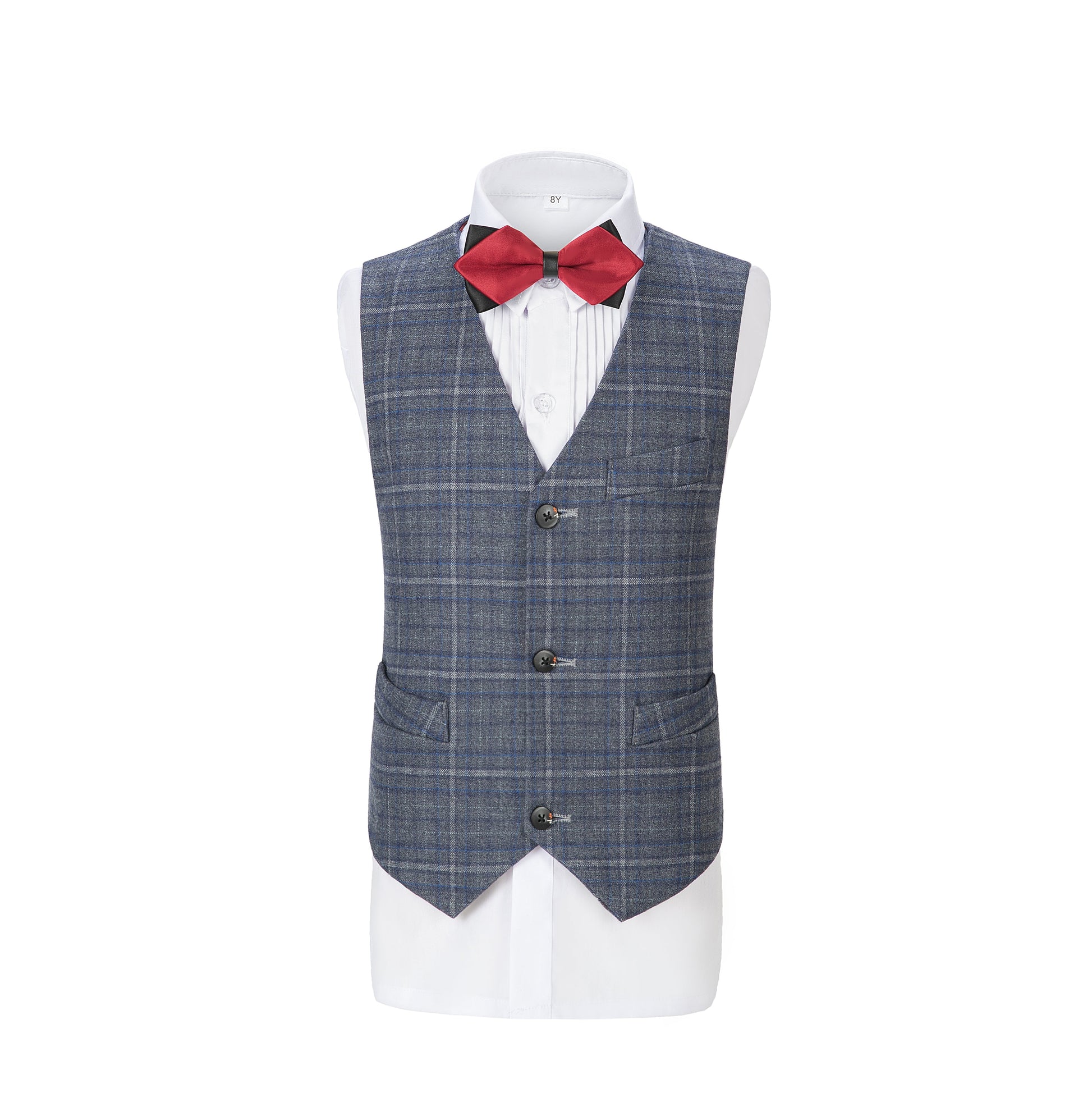 Blue-white Plaid 3 Piece Boys Suits Blazer Vest and Pants Yuanlu