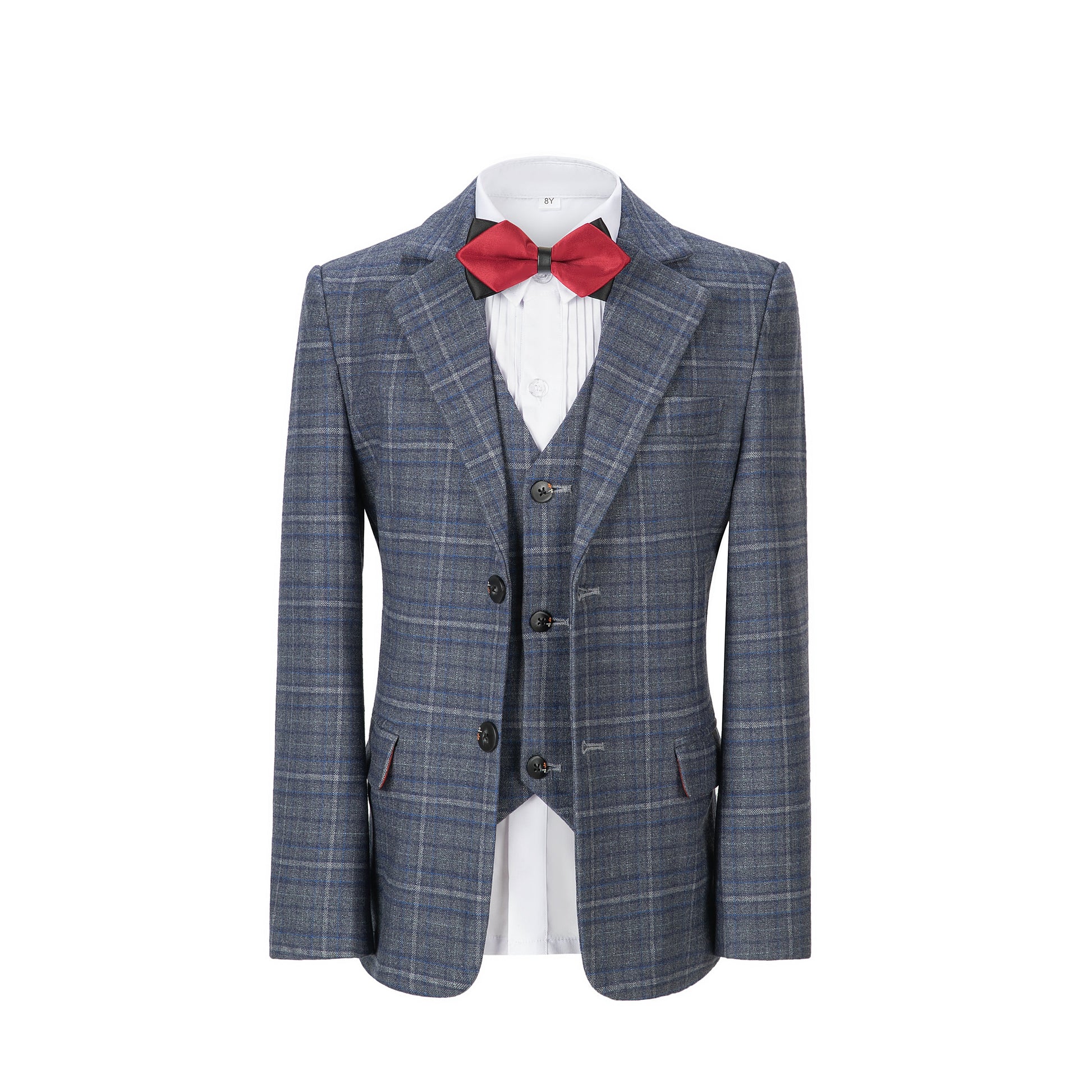 Blue-white Plaid 3 Piece Boys Suits Blazer Vest and Pants Yuanlu