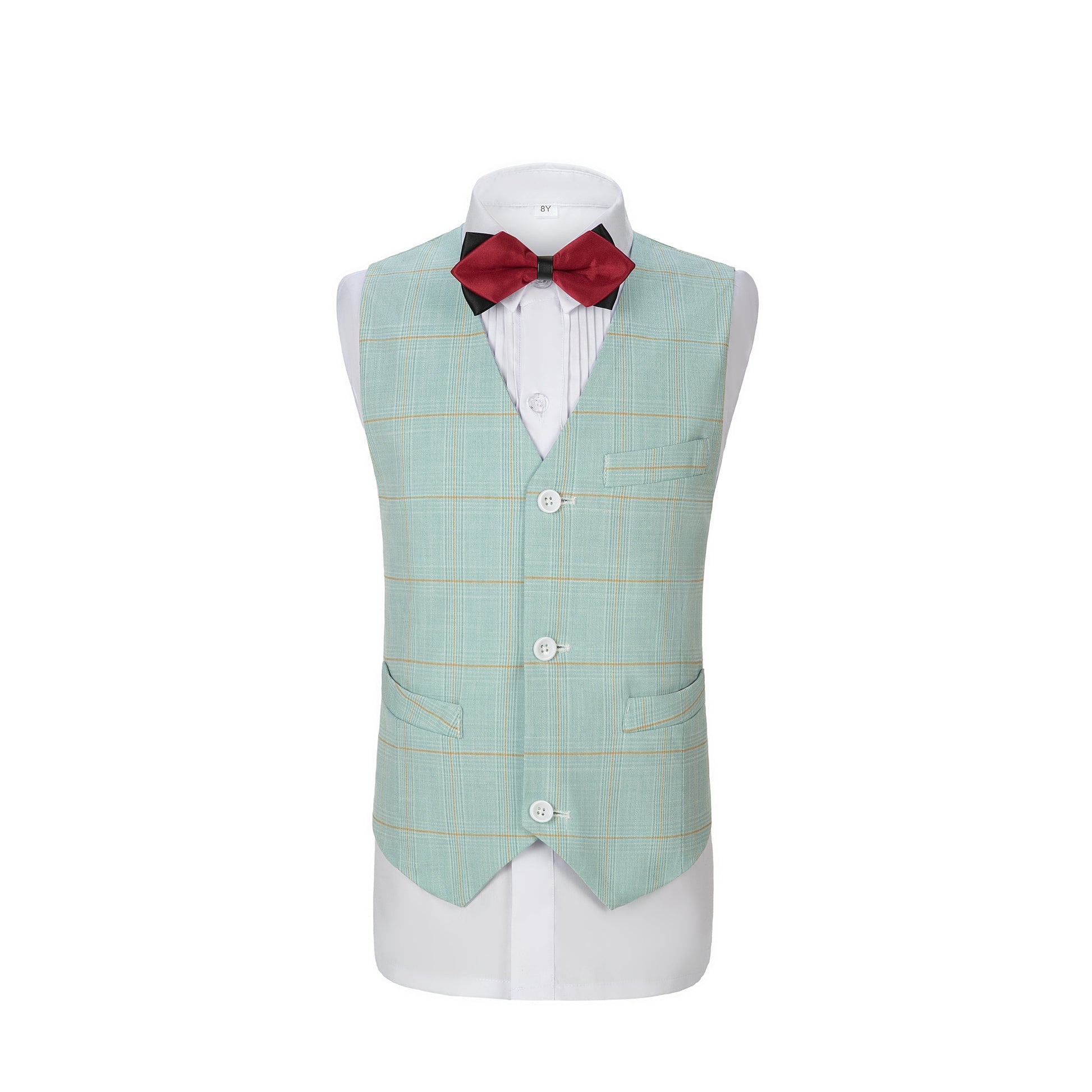 Mint Green Plaid 3 Piece Boys Suits Blazer Vest and Pants Yuanlu