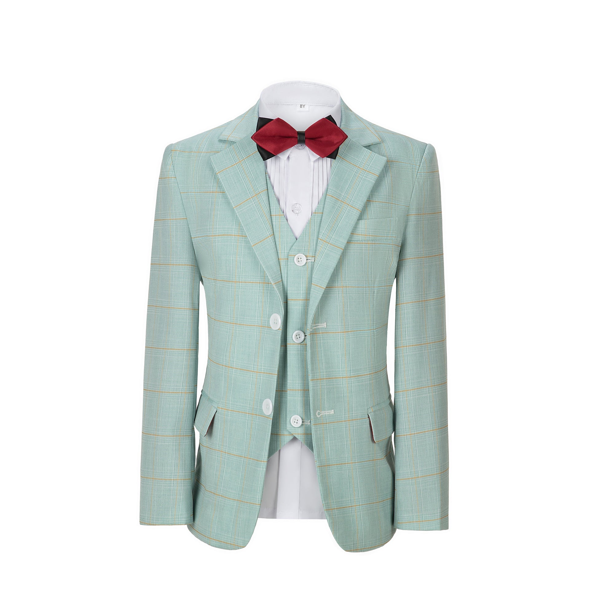 Mint Green Plaid 3 Piece Boys Suits Blazer Vest and Pants Yuanlu