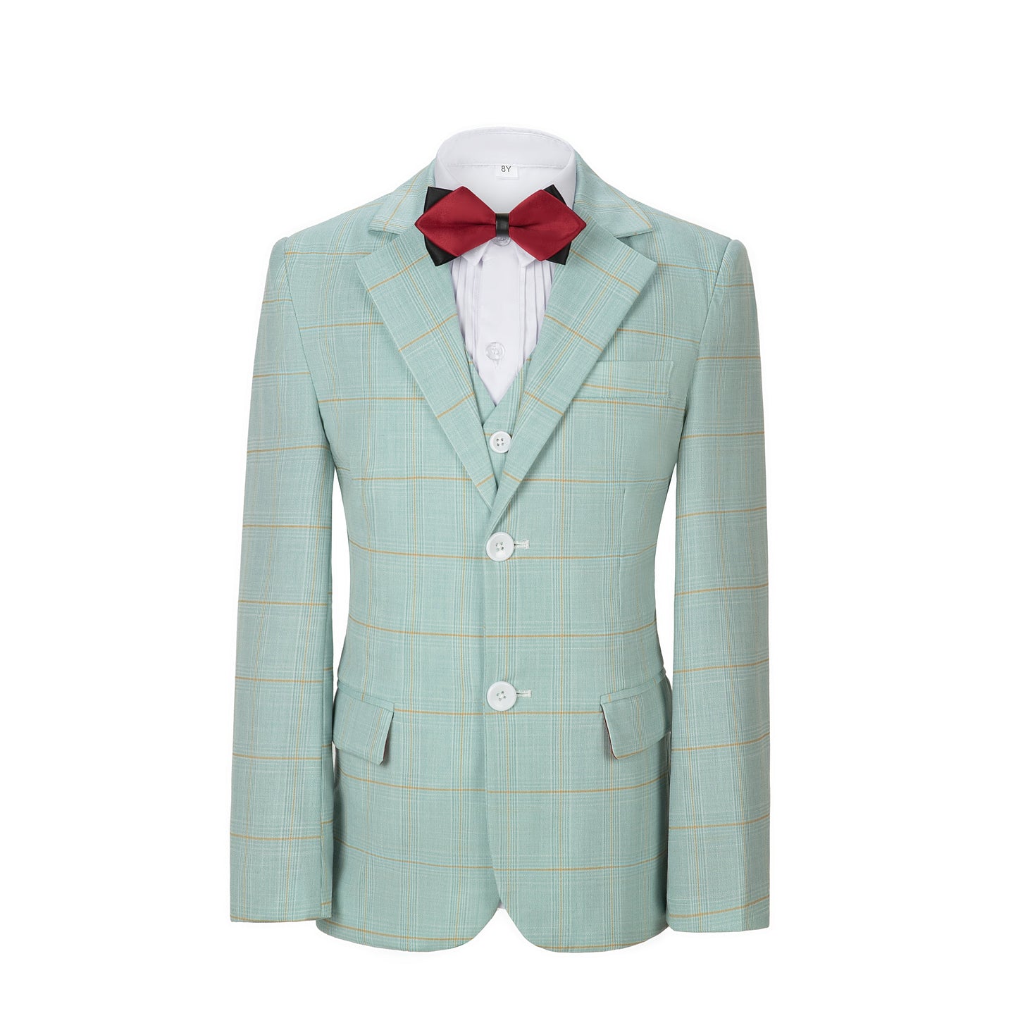 Mint Green Plaid 3 Piece Boys Suits Blazer Vest and Pants Yuanlu